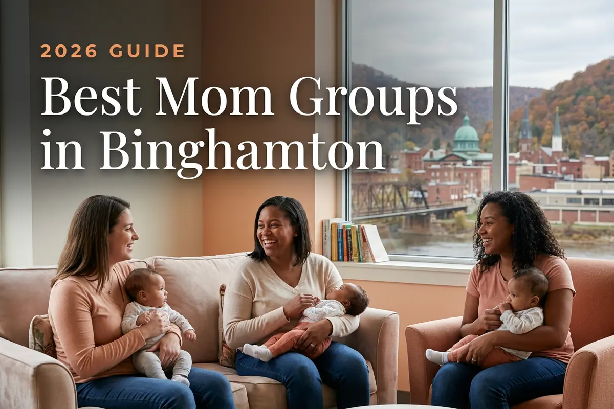 Best mom groups in Binghamton, NY: three moms holding their babies at a Binghamton new-parent meetup