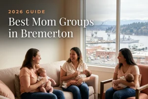 Best mom groups in Bremerton, WA: three moms holding their babies at a Bremerton new-parent meetup