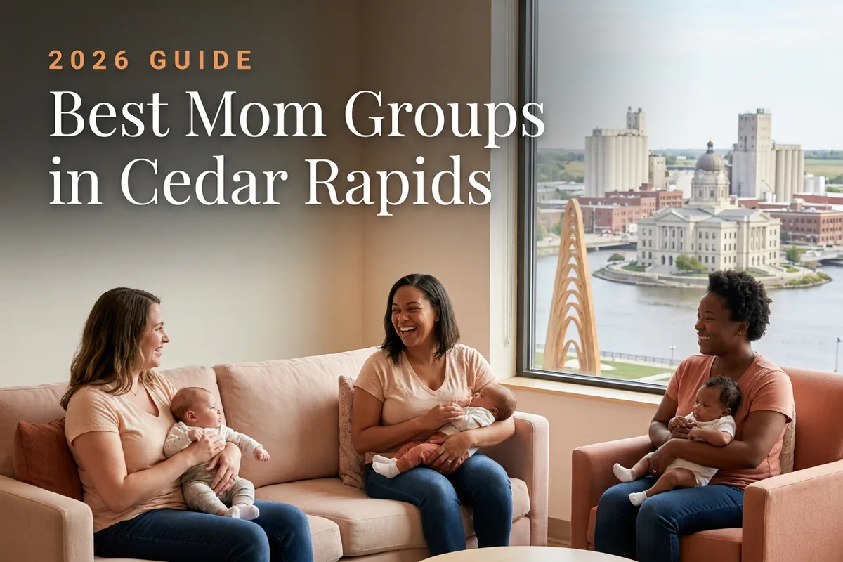 Best mom groups in Cedar Rapids, IA: three moms holding their babies at a Cedar Rapids new-parent meetup
