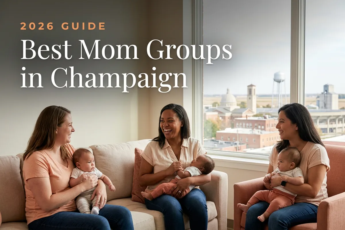 Best mom groups in Champaign, IL: three moms holding their babies at a Champaign new-parent meetup