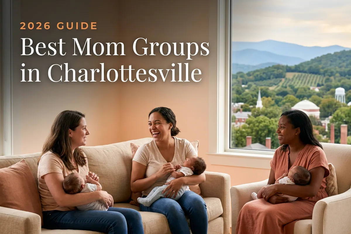Best mom groups in Charlottesville, VA: three moms holding their babies at a Charlottesville new-parent meetup