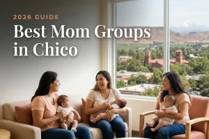 Best mom groups in Chico, CA: three moms holding their babies at a Chico new-parent meetup