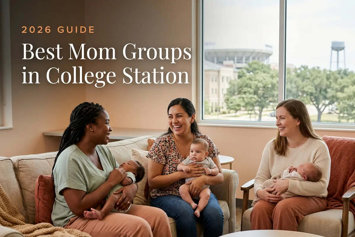 Best Mom Groups in College Station | Betteroo Best mom groups in College Station, TX: three moms holding their babies at a College Station new-parent meetup