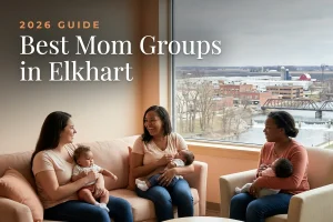 Best mom groups in Elkhart, IN: three moms holding their babies at a Elkhart new-parent meetup