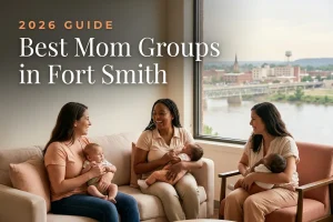 Best mom groups in Fort Smith, AR: three moms holding their babies at a Fort Smith new-parent meetup