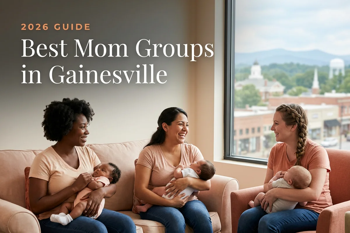 Best mom groups in Gainesville, GA: three moms holding their babies at a Gainesville new-parent meetup