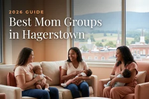 Best mom groups in Hagerstown, MD: three moms holding their babies at a Hagerstown new-parent meetup