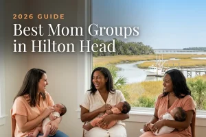 Best mom groups in Hilton Head, SC: three moms holding their babies at a Hilton Head new-parent meetup