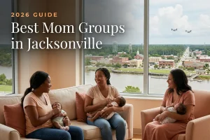 Best mom groups in Jacksonville, NC: three moms holding their babies at a Jacksonville new-parent meetup