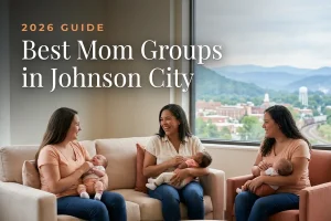 Best mom groups in Johnson City, TN: three moms holding their babies at a Johnson City new-parent meetup