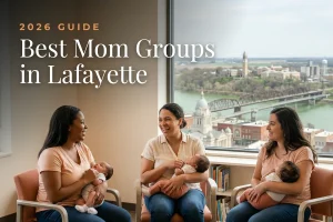 Best mom groups in Lafayette, IN: three moms holding their babies at a Lafayette new-parent meetup