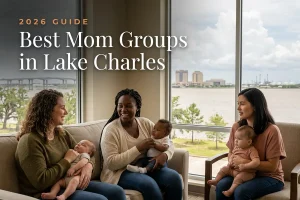 Best mom groups in Lake Charles, LA: three moms holding their babies at a Lake Charles new-parent meetup