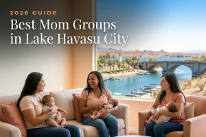 Best mom groups in Lake Havasu City, AZ: three moms holding their babies at a Lake Havasu City new-parent meetup