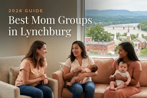 Best mom groups in Lynchburg, VA: three moms holding their babies at a Lynchburg new-parent meetup