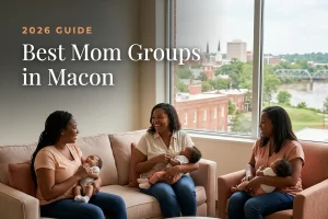 Best mom groups in Macon, GA: three moms holding their babies at a Macon new-parent meetup