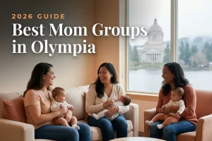 Best mom groups in Olympia, WA: three moms holding their babies at a Olympia new-parent meetup