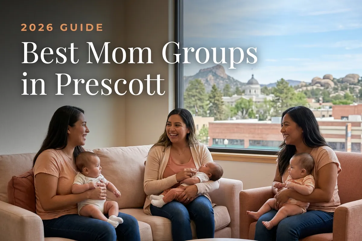 Best mom groups in Prescott, AZ: three moms holding their babies at a Prescott new-parent meetup
