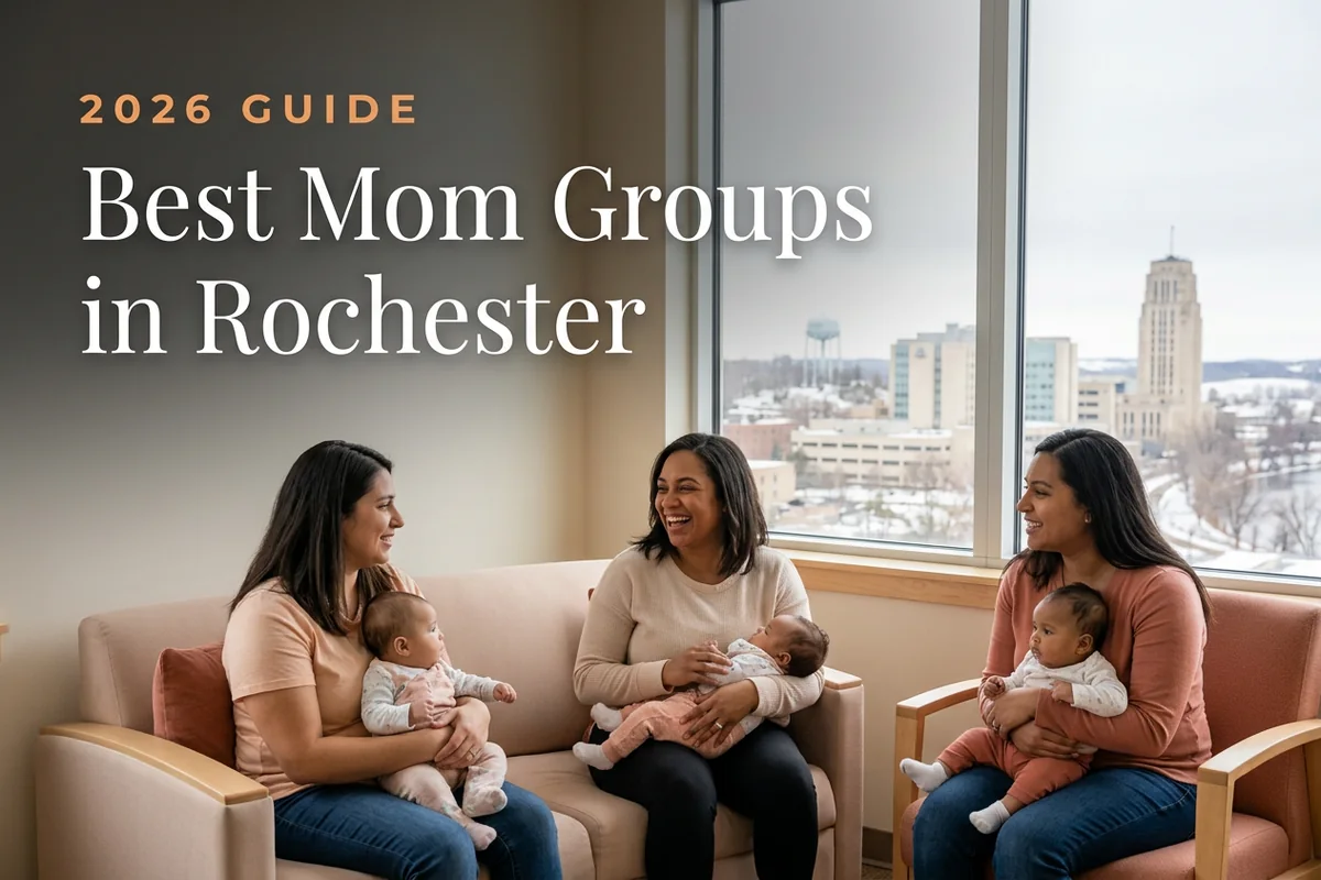Best mom groups in Rochester, MN: three moms holding their babies at a Rochester new-parent meetup