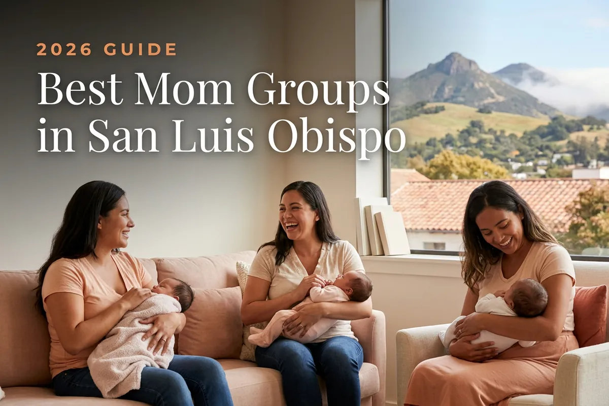 Best mom groups in San Luis Obispo, CA: three moms holding their babies at a San Luis Obispo new-parent meetup