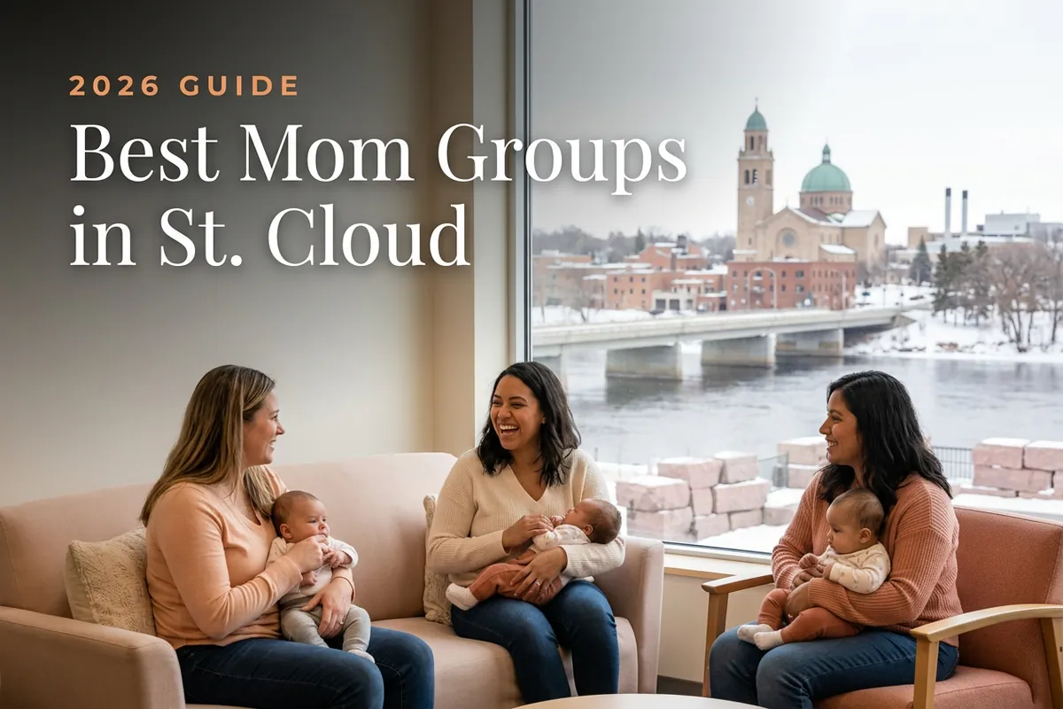 Best mom groups in St. Cloud, MN: three moms holding their babies at a St. Cloud new-parent meetup
