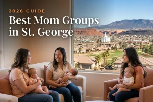 Best mom groups in St. George, UT: three moms holding their babies at a St. George new-parent meetup