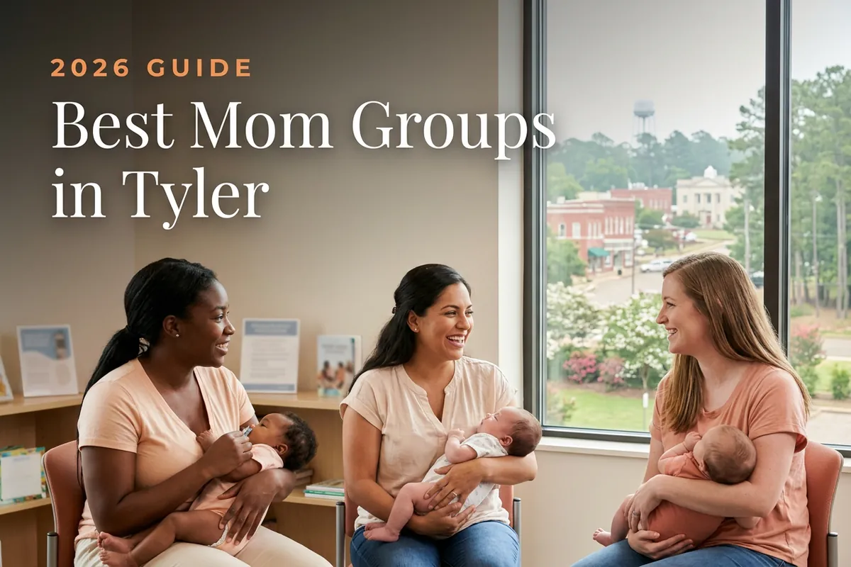 Best mom groups in Tyler, TX: three moms holding their babies at a Tyler new-parent meetup