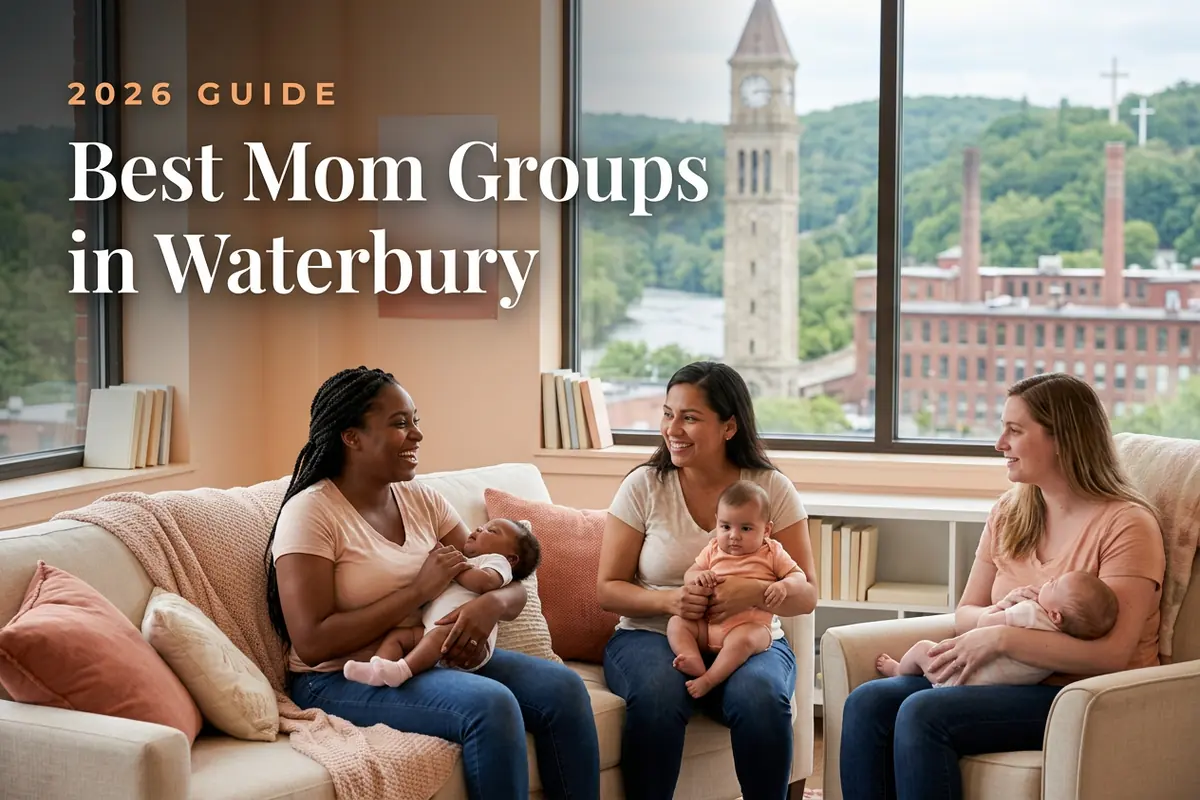 Best mom groups in Waterbury, CT: three moms holding their babies at a Waterbury new-parent meetup