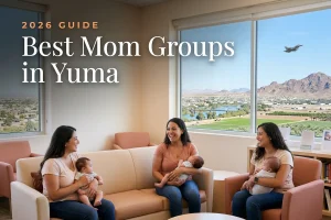 Best mom groups in Yuma, AZ: three moms holding their babies at a Yuma new-parent meetup