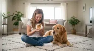 Girl gently holding a guinea pig on her lap next to a calm family dog