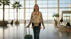 A parent walking through an airport carrying a happy baby in a chest carrier