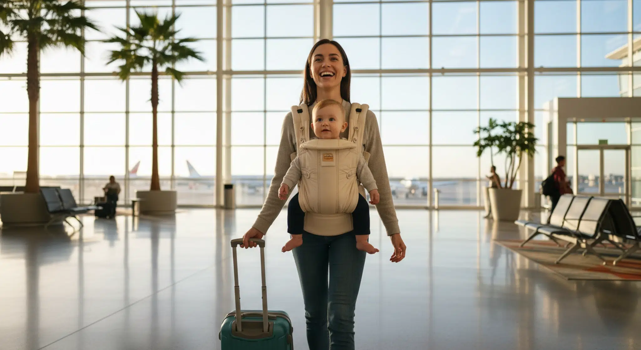 A parent walking through an airport carrying a happy baby in a chest carrier