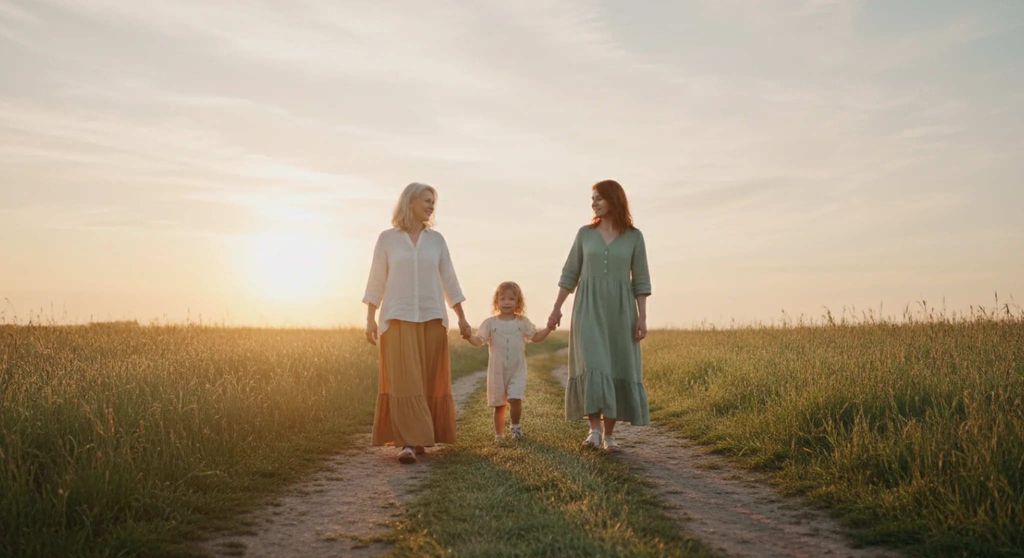 Grandmother, mother, and young child walking hand in hand along a country path at sunrise, soft golden light