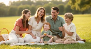Blended family of five laughing together on a picnic blanket in a sunny park, parents and three kids of different ages