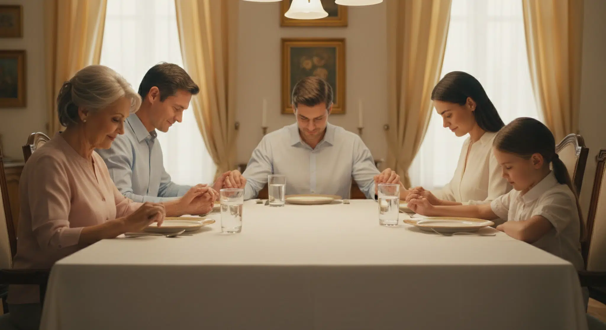 Extended family holding hands around a dinner table before a meal, heads bowed slightly, warm indoor light