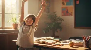 Young child stretching arms up and smiling while taking a movement brain break at a desk