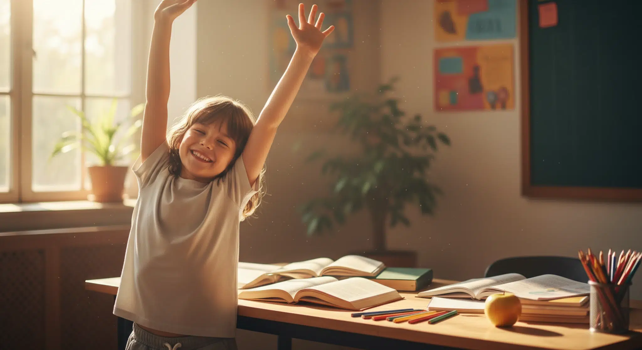 Young child stretching arms up and smiling while taking a movement brain break at a desk