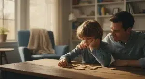 A focused child working through a brain teaser puzzle at a table with a parent helping