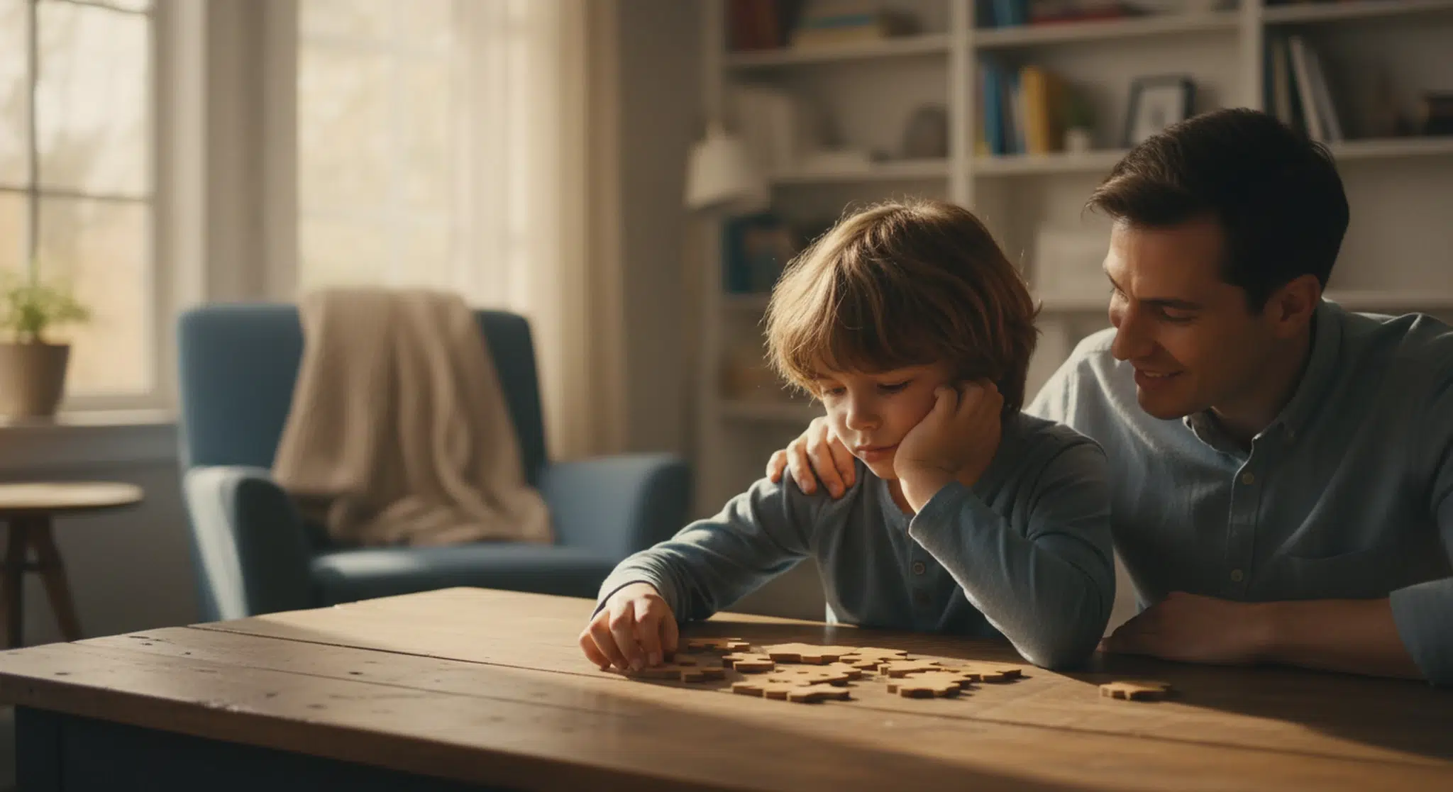 A focused child working through a brain teaser puzzle at a table with a parent helping
