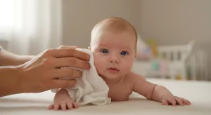 A parent gently wiping a young baby's cheek with a soft cloth