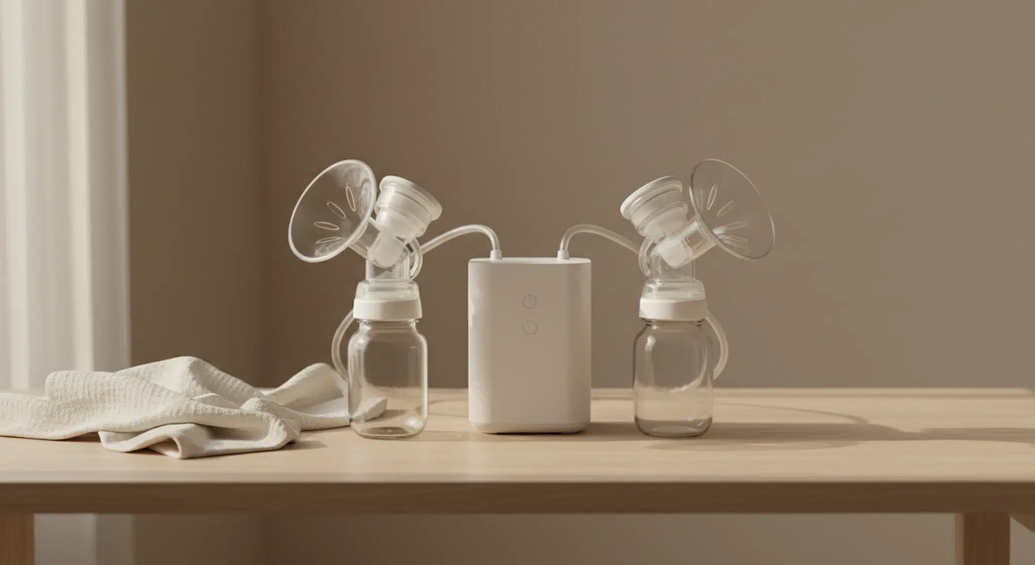 A modern electric breast pump with flanges and empty bottles arranged on a light table
