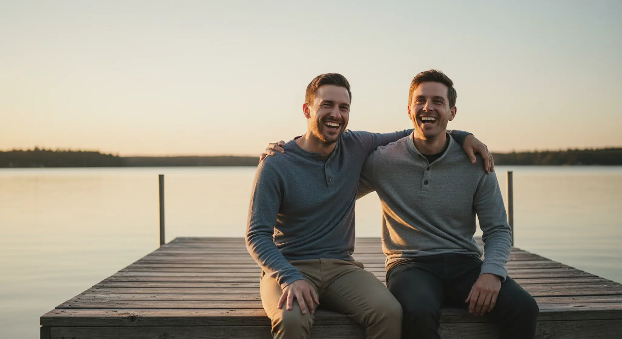 Two adult brothers laughing together on a dock by a lake at sunset, one with an arm around the other