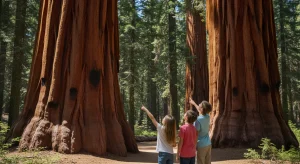 Family looking up at giant sequoia trees in California