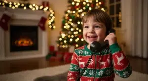 Young child smiling while holding a phone to their ear beside a decorated Christmas tree