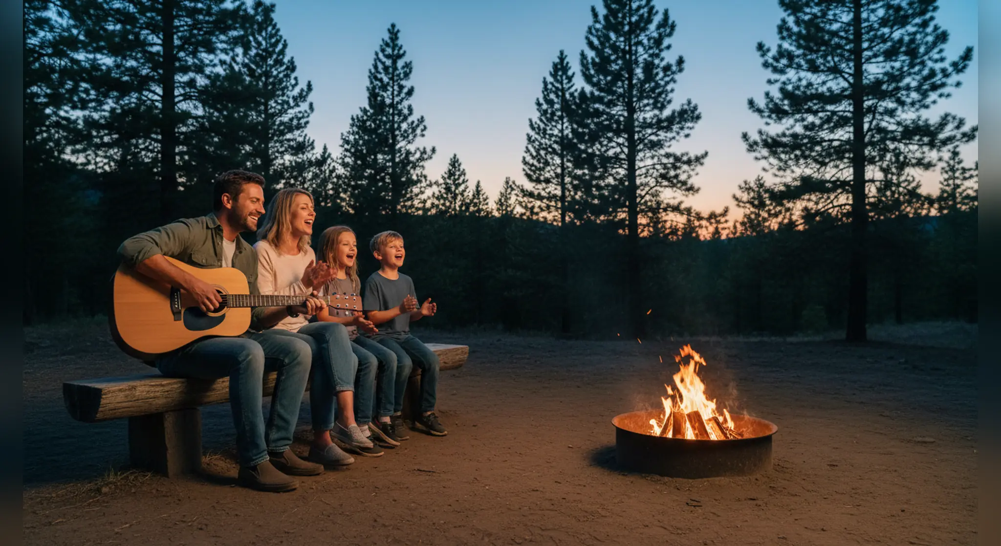 Family singing campfire songs around a stone fire ring while a parent plays guitar