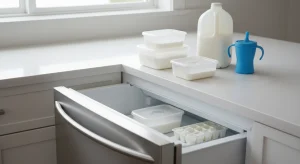 Can You Freeze Milk How to Freeze and Thaw It Safely | Betteroo Frozen milk in small containers and an ice cube tray in a freezer drawer next to a milk jug