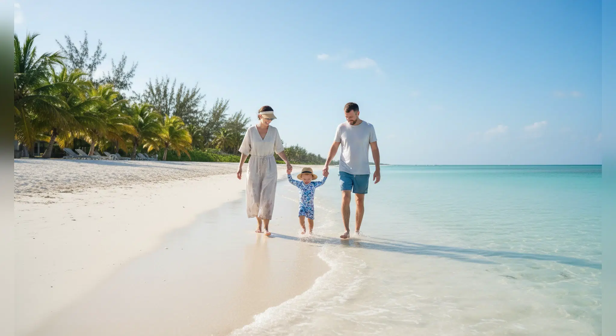 Parents holding their toddler's hands in calm, shallow turquoise water on a white sand beach in Cancun