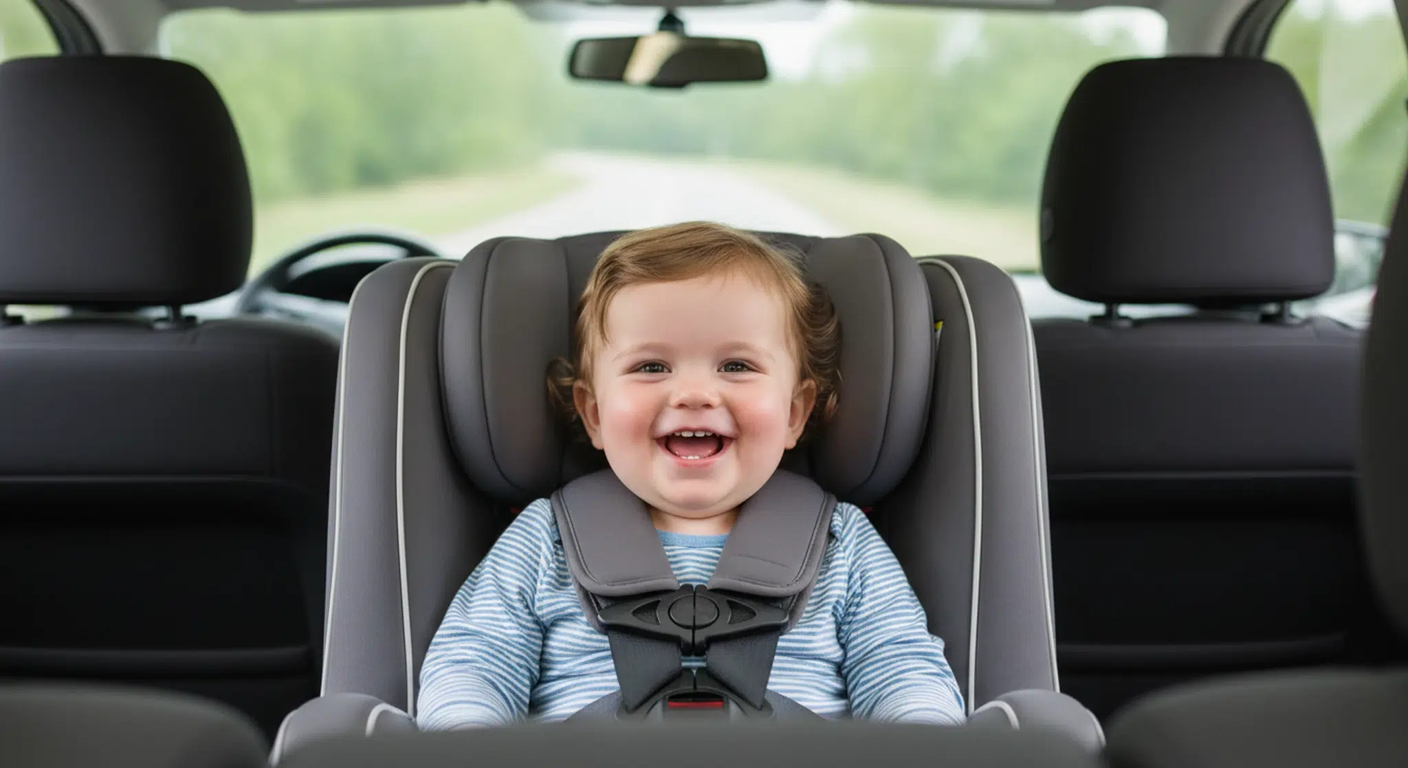 Toddler riding rear-facing in a convertible car seat with a snug harness