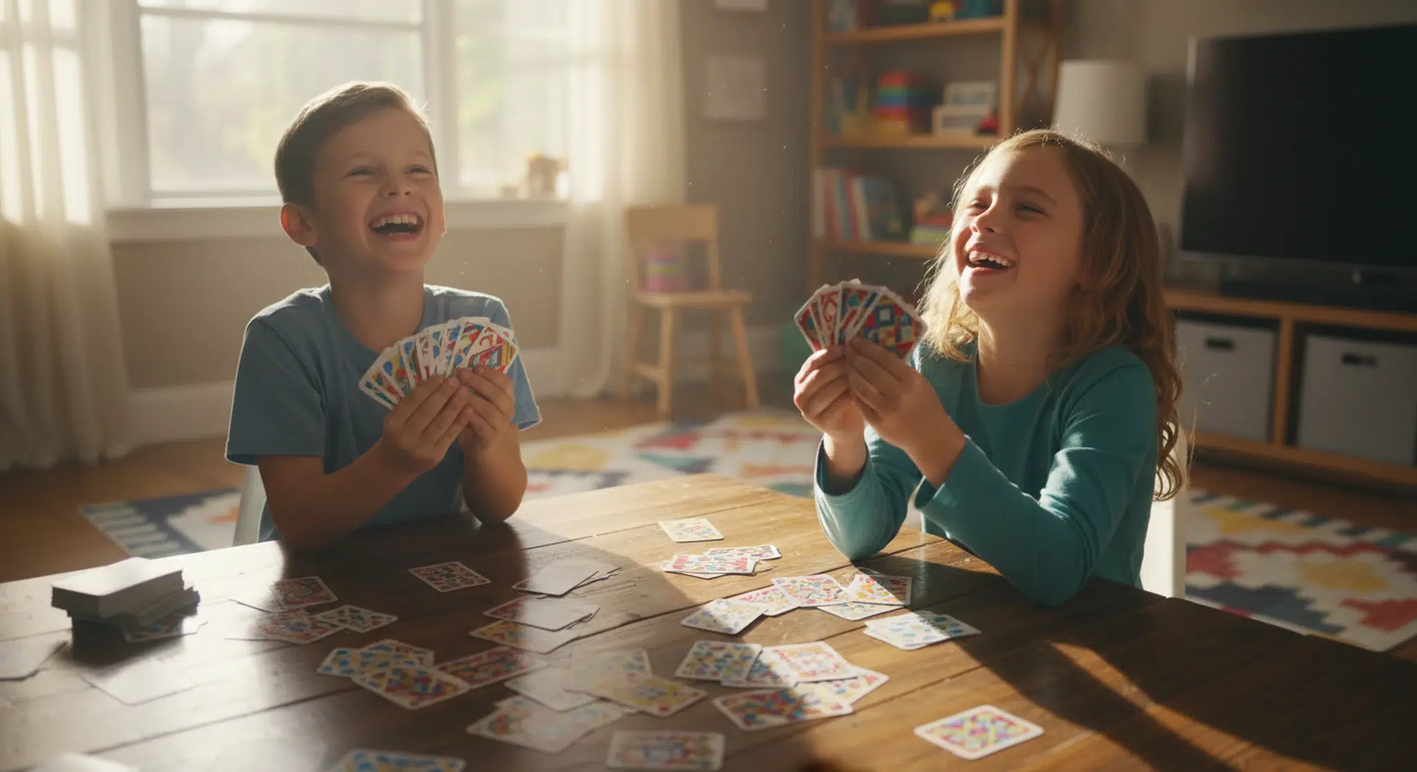 Two children laughing while playing a card game together at a table