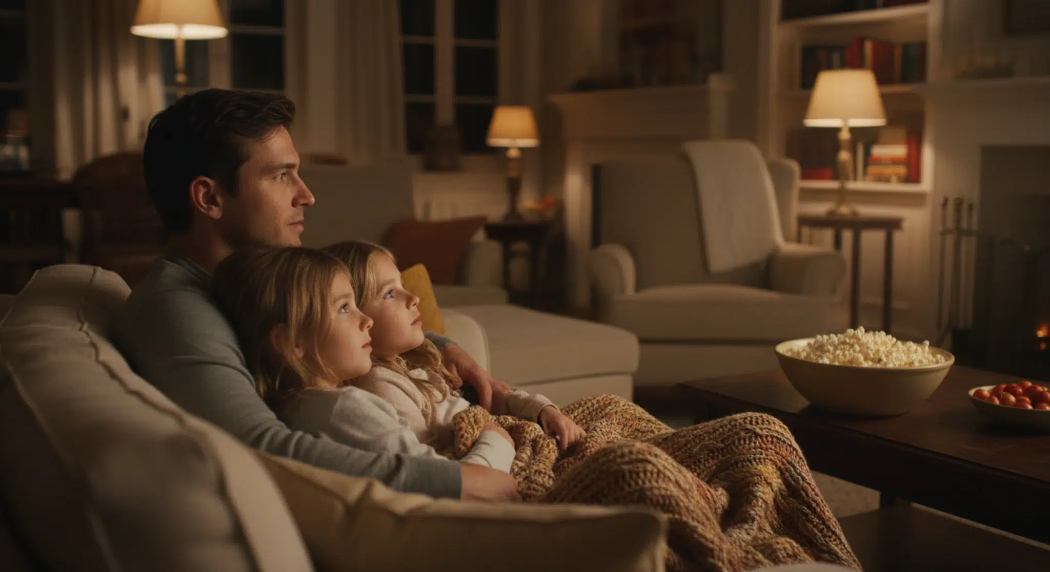 A parent and two children watching television together on a couch