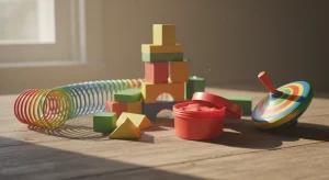 An assortment of classic childhood toys arranged on a wooden table in soft light